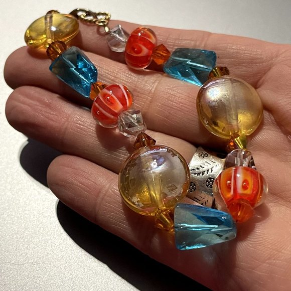 Gorgeous Blue Orange & Gold Glass Bead Bracelet - Picture 6 of 8